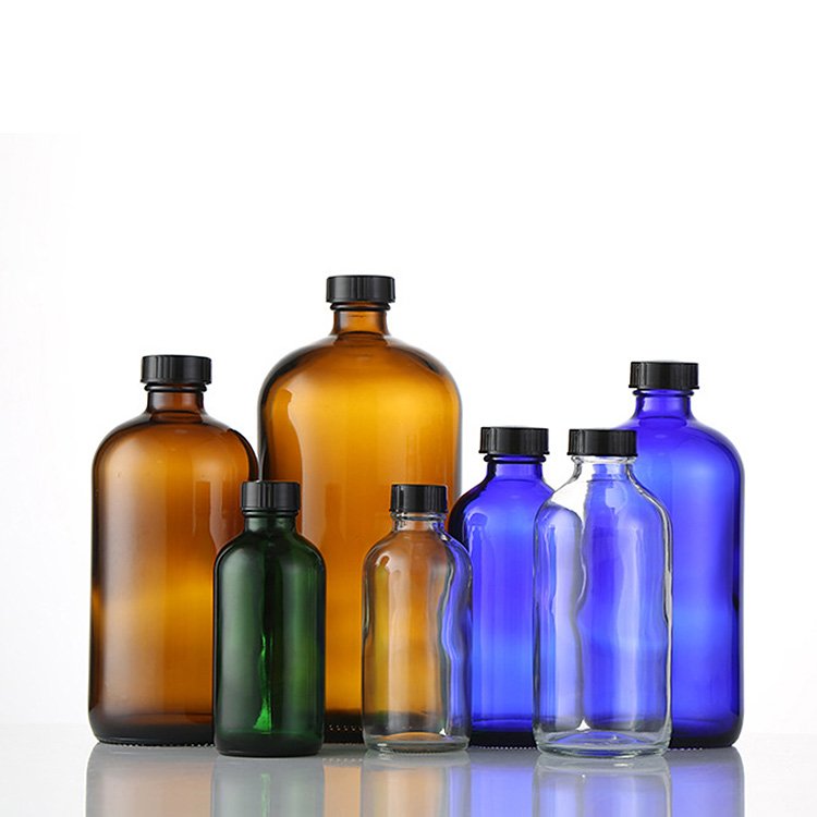 Factory 1oz 2oz 4oz 8oz 16oz 32oz Amber blue green clear boston round essential oil glass bottle with Black Poly Cap