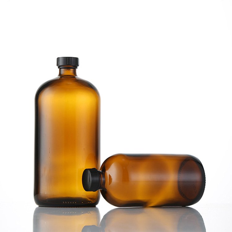 Factory 1oz 2oz 4oz 8oz 16oz 32oz Amber blue green clear boston round essential oil glass bottle with Black Poly Cap