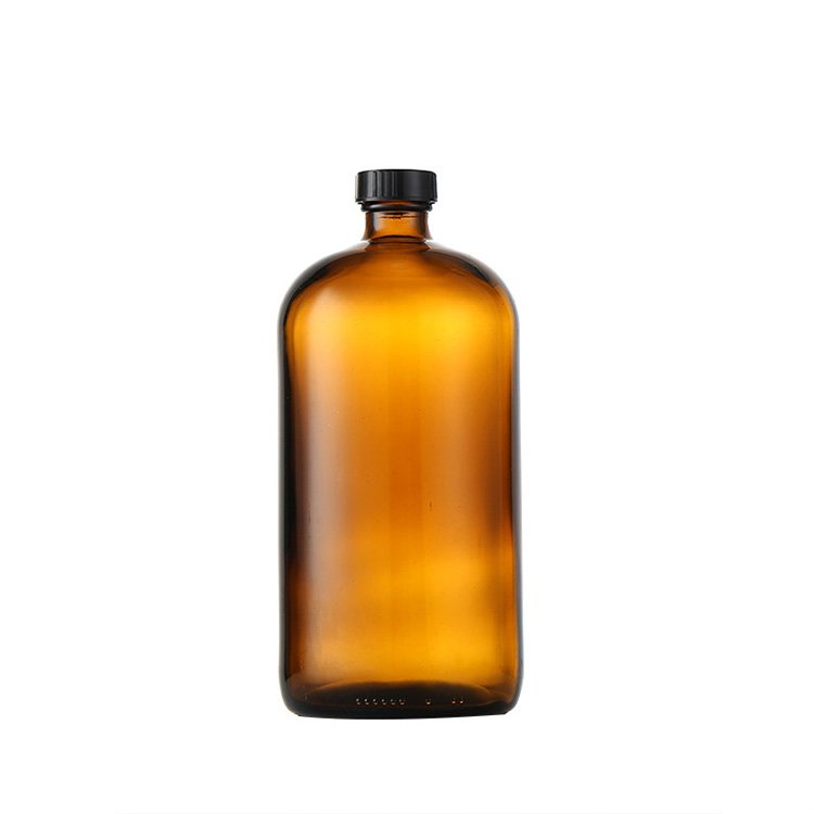 Factory 1oz 2oz 4oz 8oz 16oz 32oz Amber blue green clear boston round essential oil glass bottle with Black Poly Cap