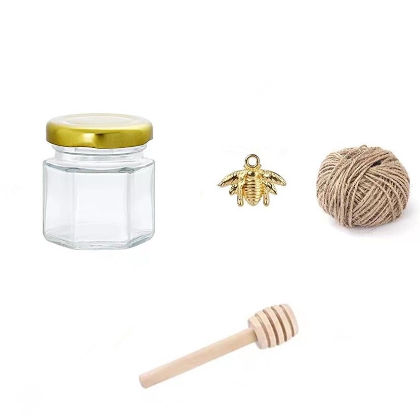 Wholesale Unique 45ml Party Favors Party Favors Honey Jar Mini Hexagons Glass Honey Jar with Metal Lid and Wooden Dipper