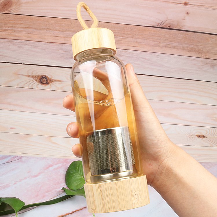 Tea Metal Infuser High Borosilicate Glass Water Bottle with Leak-proof Bamboo Lid - Reusable and Stylish