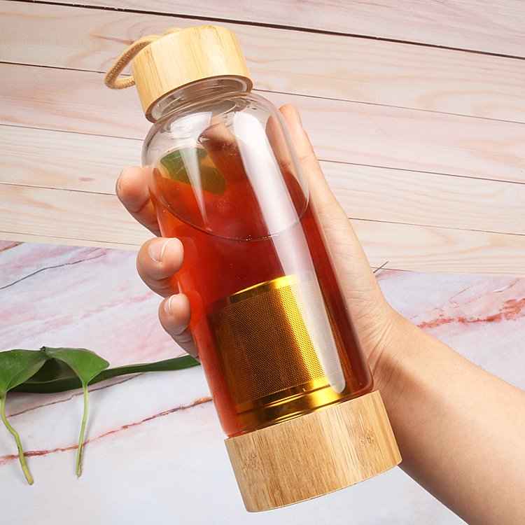 Tea Metal Infuser High Borosilicate Glass Water Bottle with Leak-proof Bamboo Lid - Reusable and Stylish