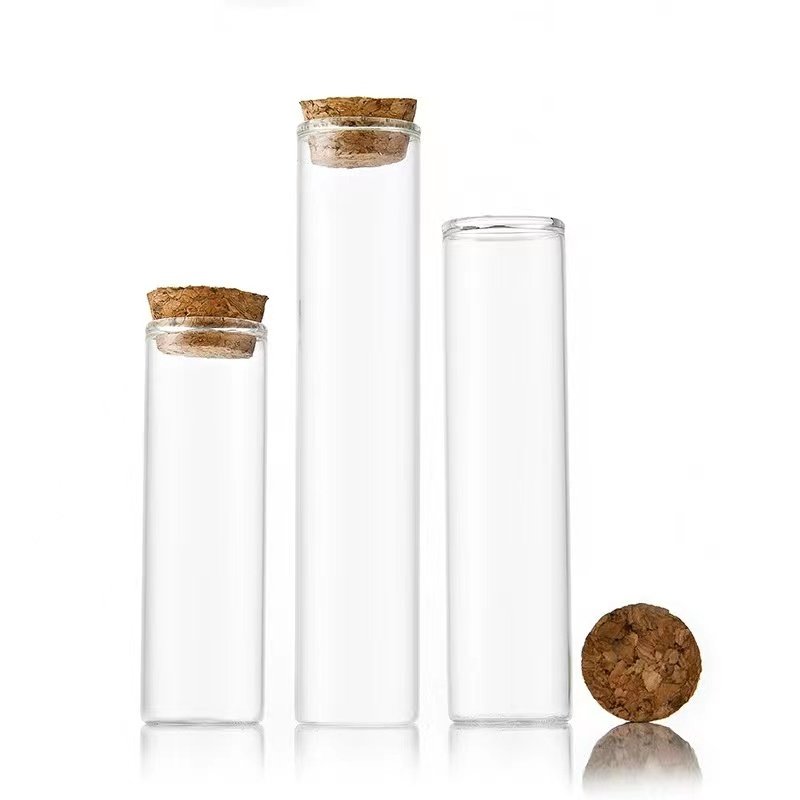 Tubular Straight Mouth High Borosilicate Glass Bottle Empty Refillable Storage Glass Tube bottle With Cork Stopper