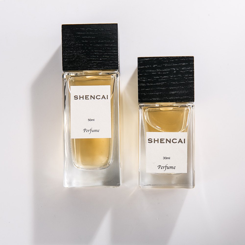 Luxury square spray perfume glass bottle 30ml 50ml wood covered glass perfume bottle