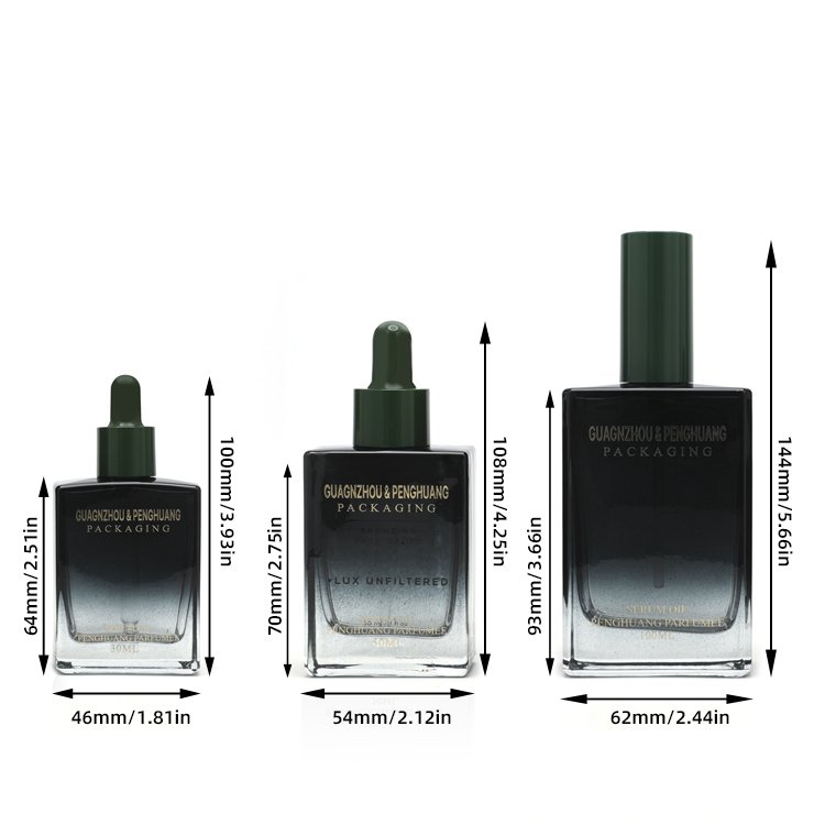 Customized Spray Painted Serum Packaging Gradient Black 30ml 50ml Dropper Essential Oil Rectangle Glass Bottle with Dropper