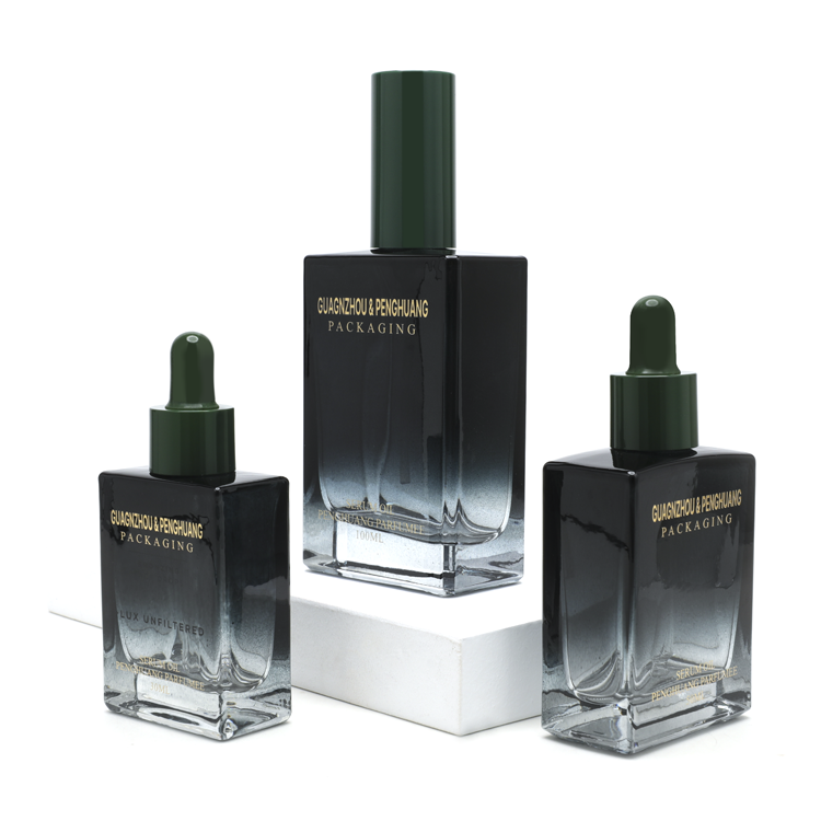 Customized Spray Painted Serum Packaging Gradient Black 30ml 50ml Dropper Essential Oil Rectangle Glass Bottle with Dropper