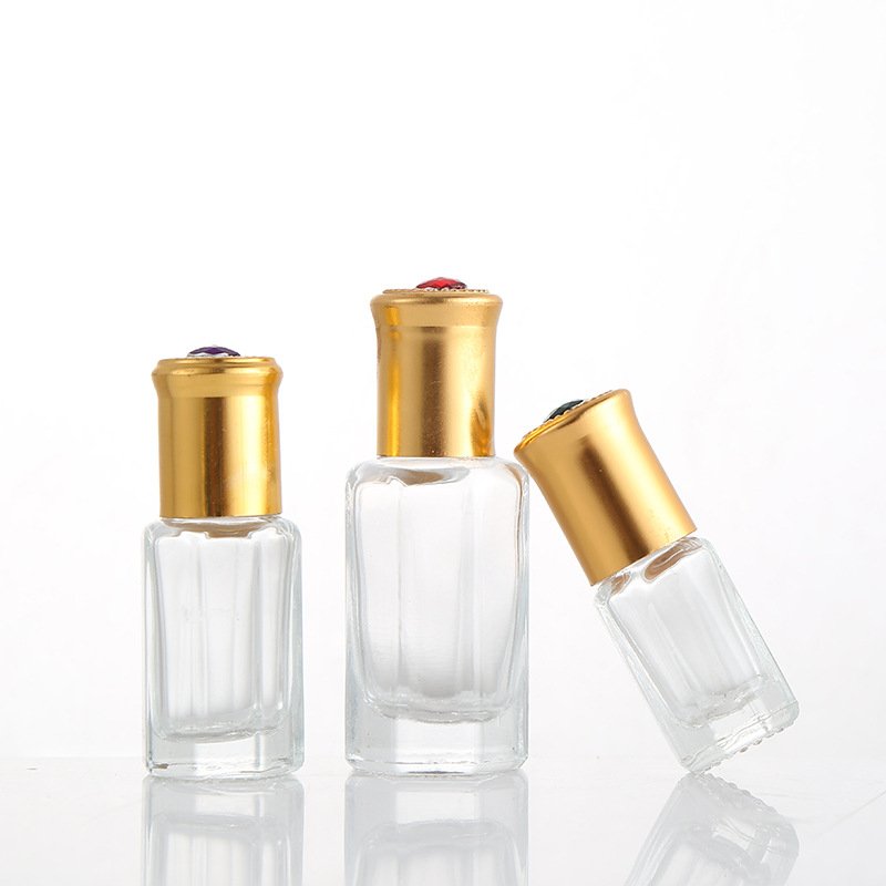 3ml Octagonal Perfume Essential Oil Glass Roll On Attar Bottle Clear With Golden Plated Cap pasted with colorful beads