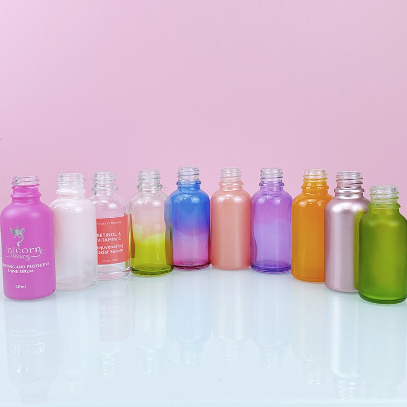 Customize 30ml colored essence oil macaron color hair oil serum dropper glass bottle 1oz for cosmetic packaging