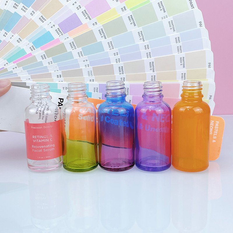 Customize 30ml colored essence oil macaron color hair oil serum dropper glass bottle 1oz for cosmetic packaging