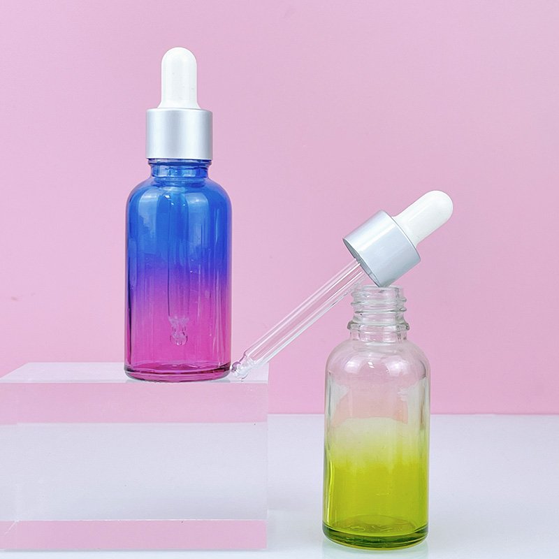 Customize 30ml colored essence oil macaron color hair oil serum dropper glass bottle 1oz for cosmetic packaging