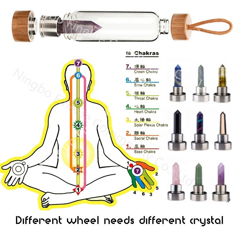 Newest Bamboo Gemstones Crystal Elixir Infused Water Bottle Natural Stone Gravels Chips Bamboo Glass Water Bottle