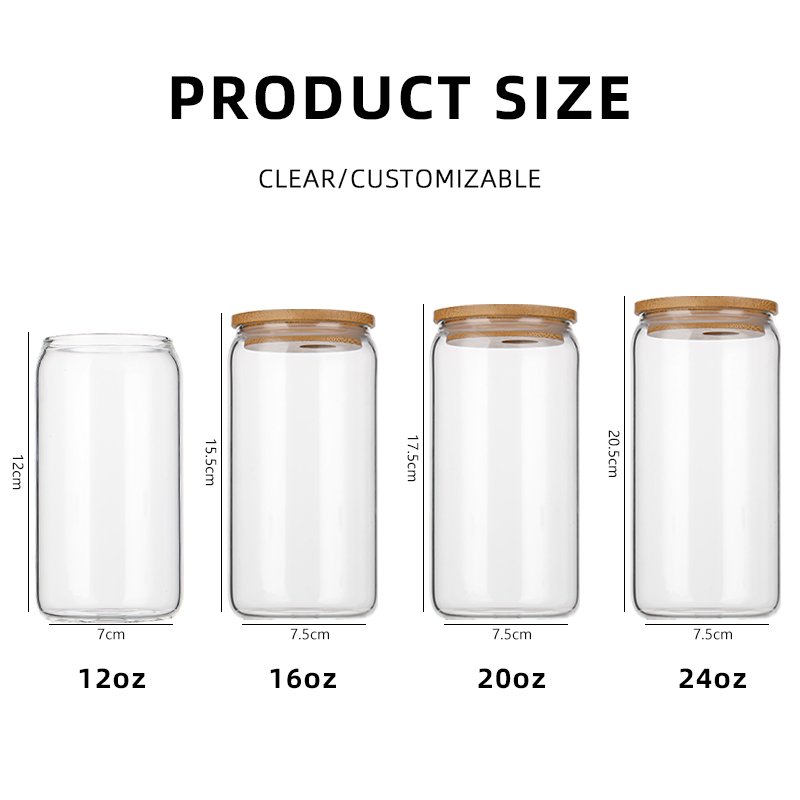 JM Food Grade 12oz 16oz 20oz Glass Cup With Bamboo Lids and Glass Straw Can Shaped Cups Beer Glasses Iced Coffee Cup