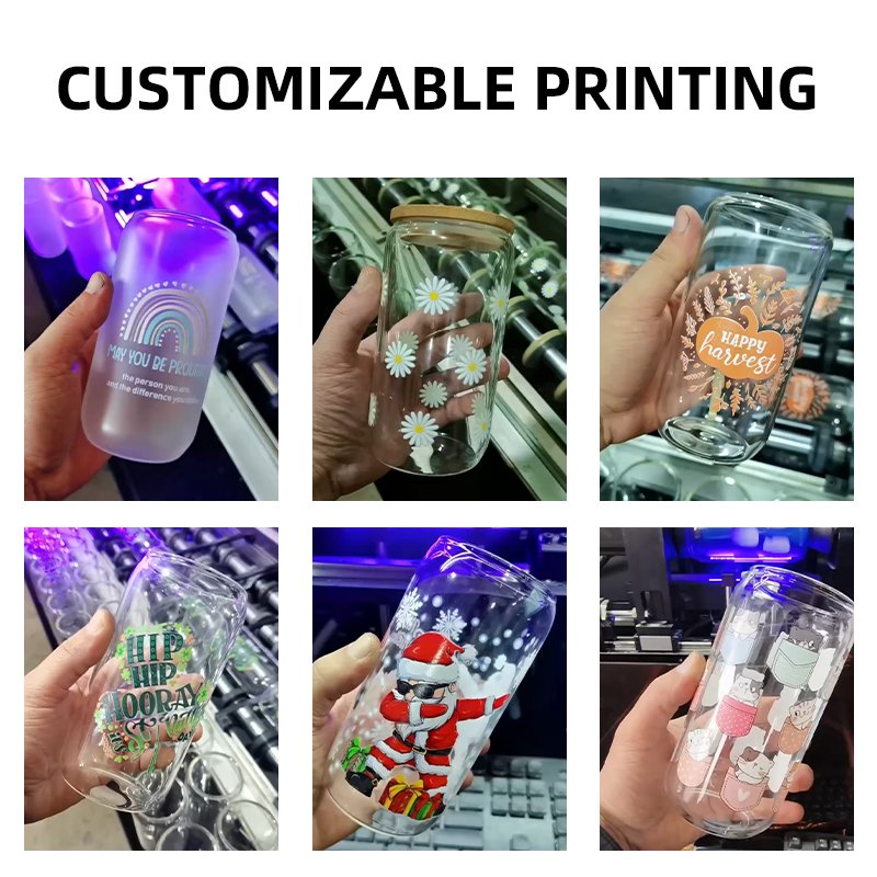 JM Food Grade 12oz 16oz 20oz Glass Cup With Bamboo Lids and Glass Straw Can Shaped Cups Beer Glasses Iced Coffee Cup