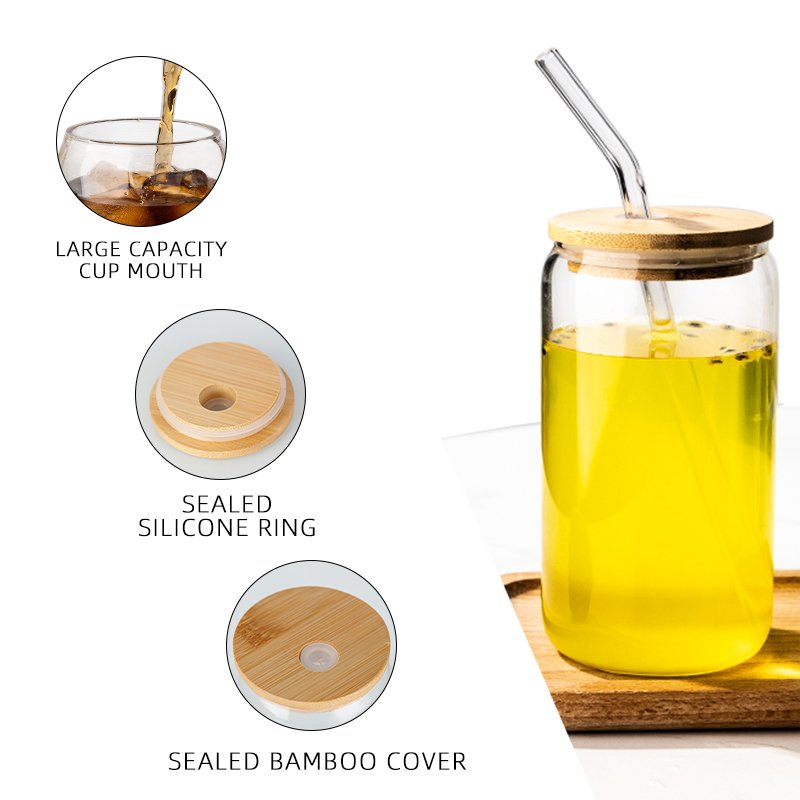 JM Food Grade 12oz 16oz 20oz Glass Cup With Bamboo Lids and Glass Straw Can Shaped Cups Beer Glasses Iced Coffee Cup