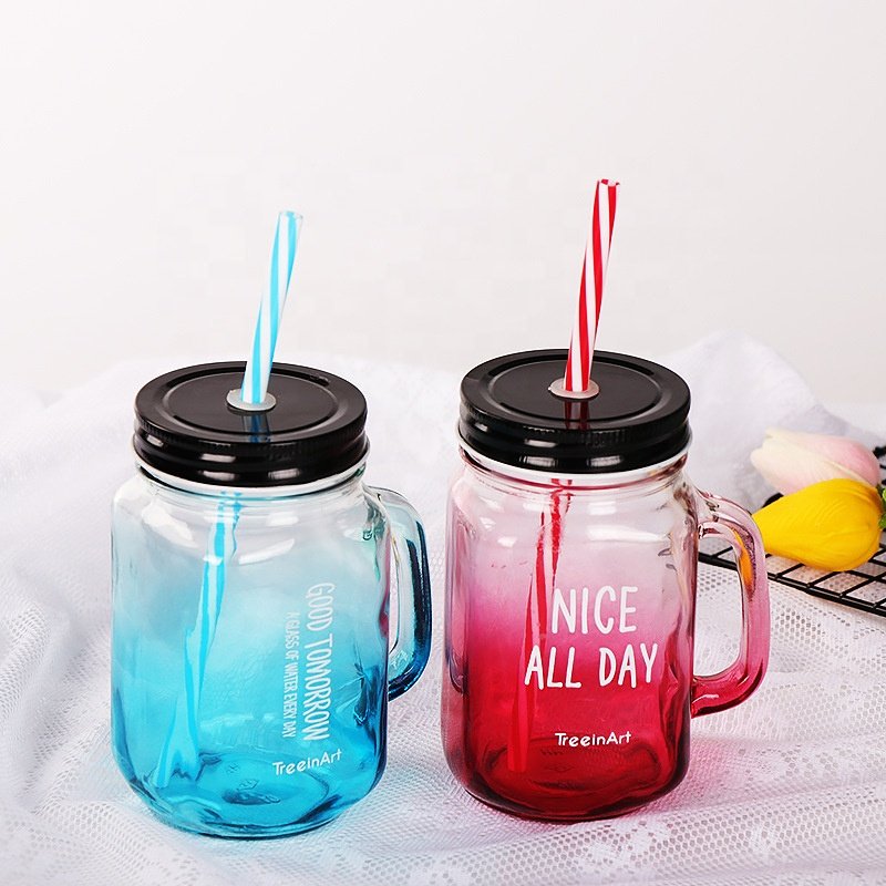 Custom Logo Screw Cup Glass Bottle Glass Wide Mouth Mason Jar With Handles Straws and Lids