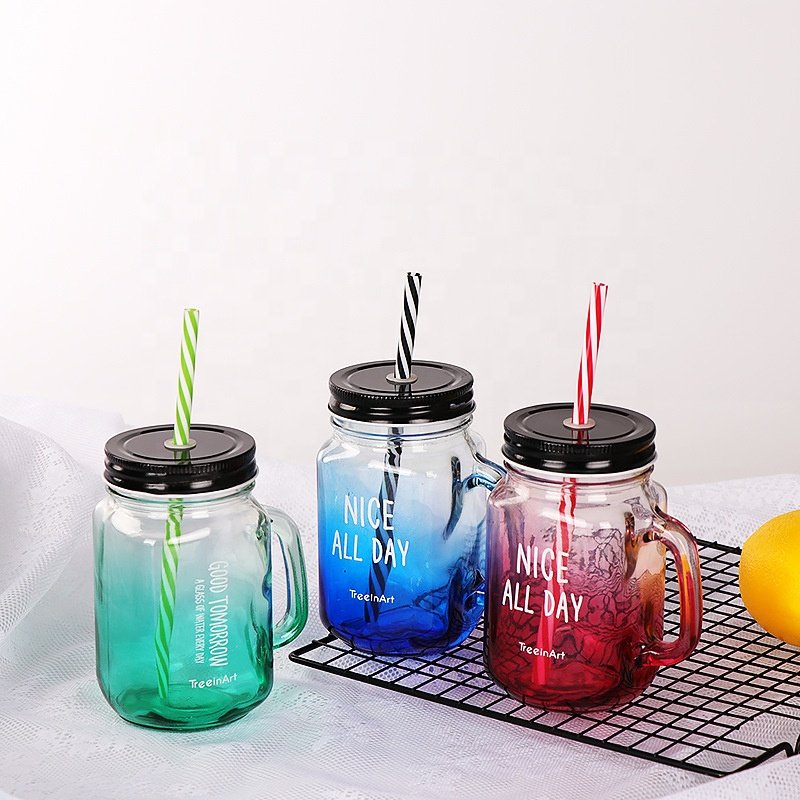 Custom Logo Screw Cup Glass Bottle Glass Wide Mouth Mason Jar With Handles Straws and Lids