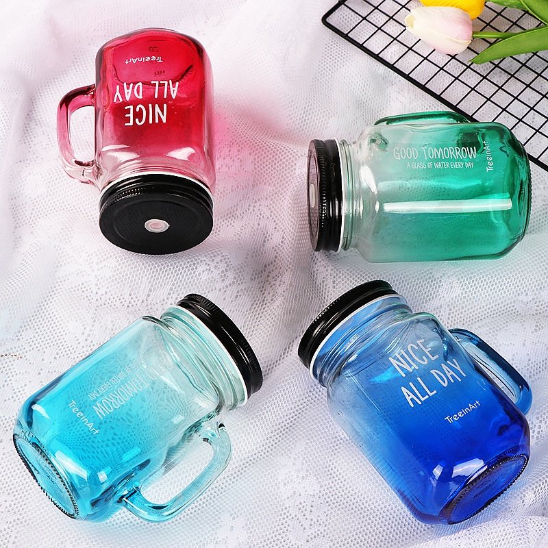 Custom Logo Screw Cup Glass Bottle Glass Wide Mouth Mason Jar With Handles Straws and Lids