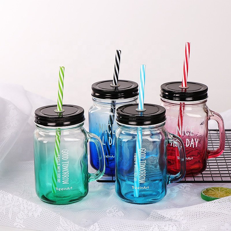 Custom Logo Screw Cup Glass Bottle Glass Wide Mouth Mason Jar With Handles Straws and Lids