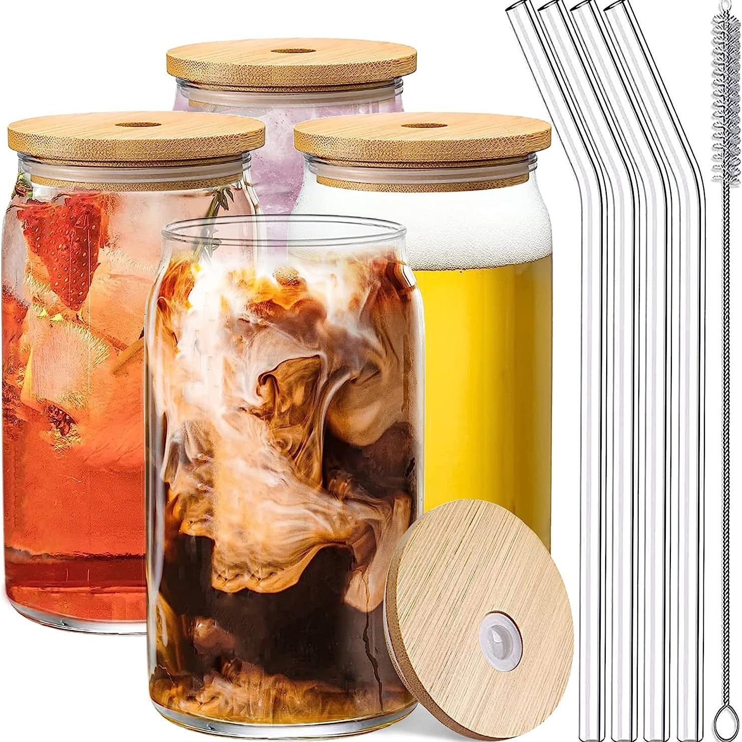 libbey glass cup beer can clear blank with bamboo Lid and Straw 12oz 16oz 20oz no MOQ