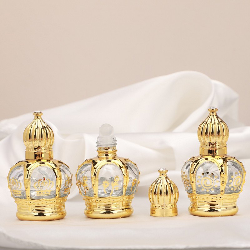 15ml Gold Plating Roll On Glass Bottle With Crown UV Cap Roller Essential Oil Ball Bottle Portable Refillable Bottles