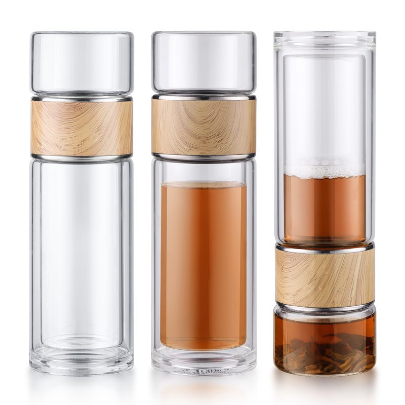 280ML Easy Twist Portable Double Walled Borosilicate Bottle Glass Brewing Tea Water Separator With Customized LOGO