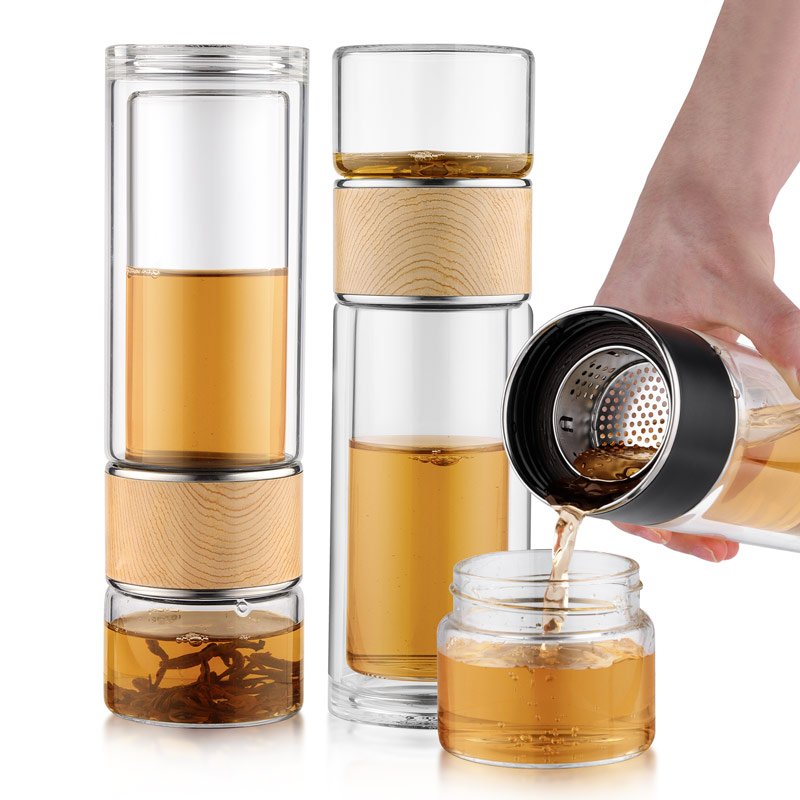 280ML Easy Twist Portable Double Walled Borosilicate Bottle Glass Brewing Tea Water Separator With Customized LOGO