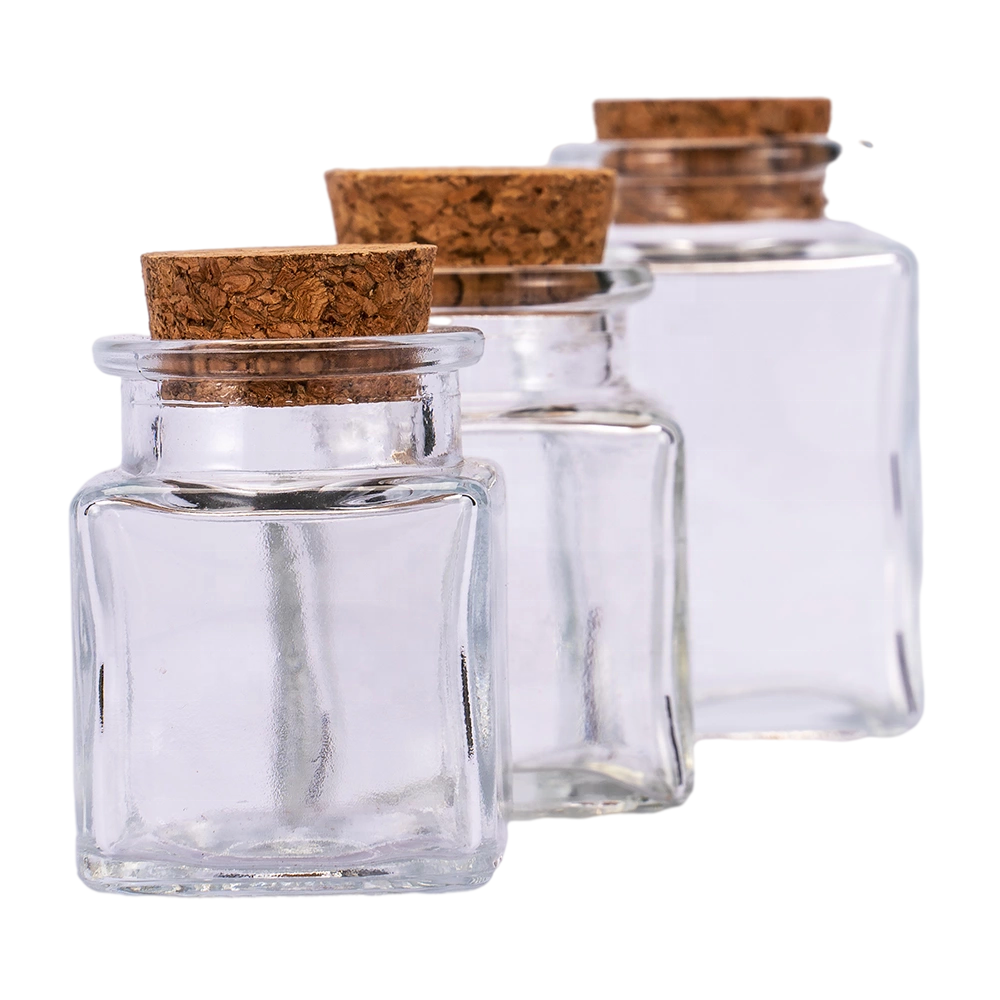 Alibaba Glass Bottle Supplier 50ml Square Spice Container Saffron Storage Jar Packaging Bottle with cork stopper lid