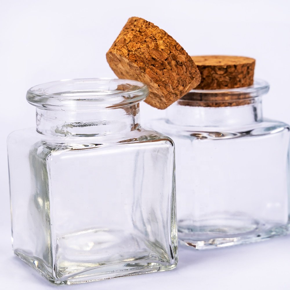 Alibaba Glass Bottle Supplier 50ml Square Spice Container Saffron Storage Jar Packaging Bottle with cork stopper lid
