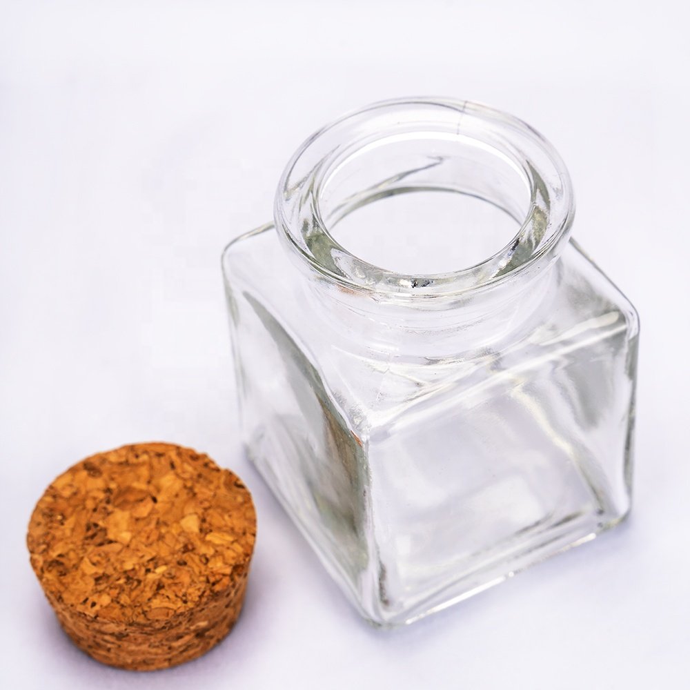 Alibaba Glass Bottle Supplier 50ml Square Spice Container Saffron Storage Jar Packaging Bottle with cork stopper lid