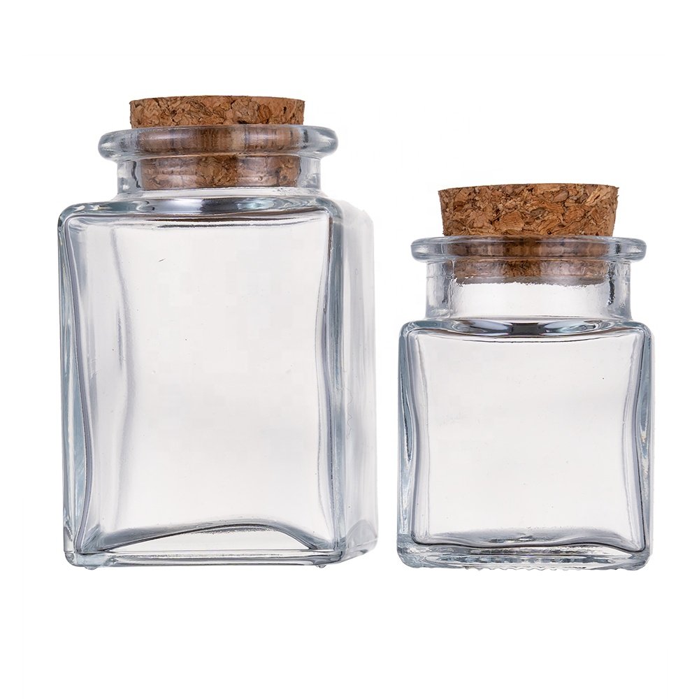 Alibaba Glass Bottle Supplier 50ml Square Spice Container Saffron Storage Jar Packaging Bottle with cork stopper lid
