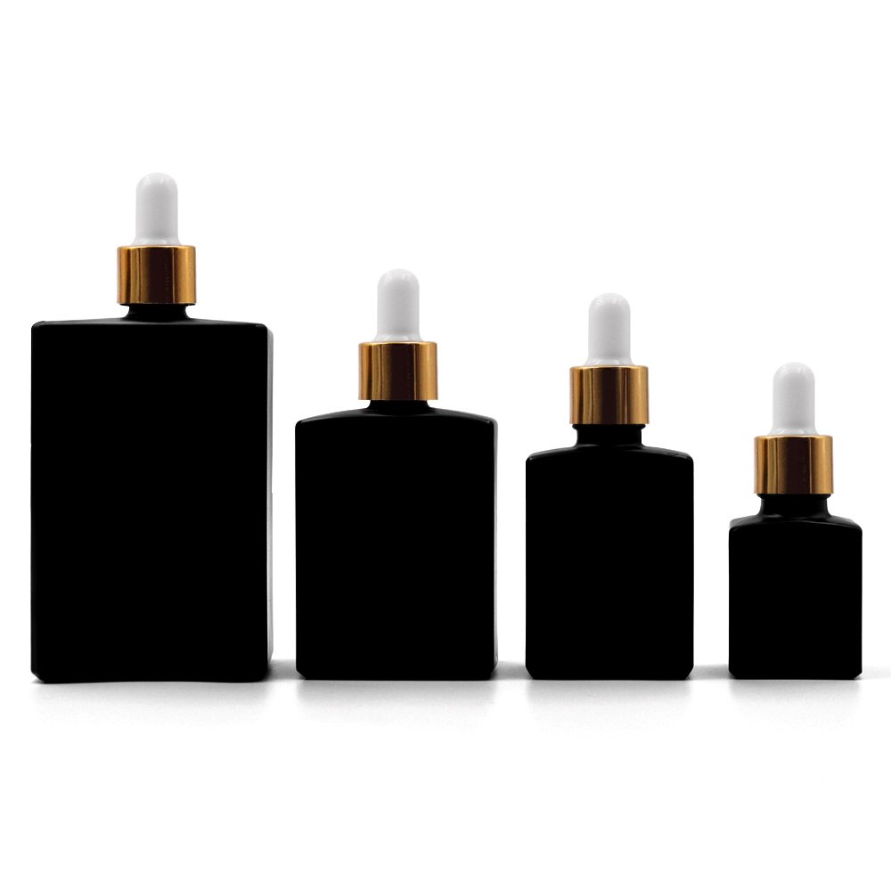 Custom 15ml 30ml 1OZ 50ml 100ml Flat Square Shape Black Essential Oil Dropper Glass Bottle With Magnetic Box