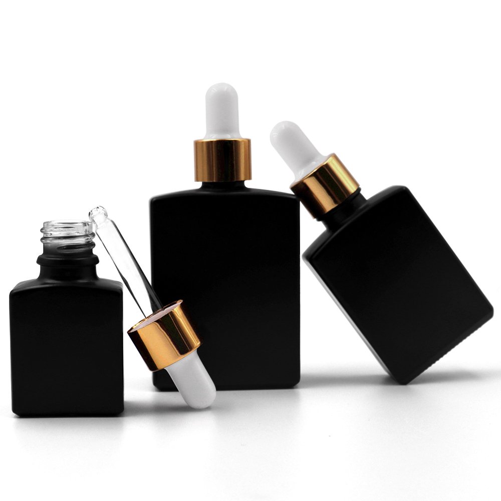 Custom 15ml 30ml 1OZ 50ml 100ml Flat Square Shape Black Essential Oil Dropper Glass Bottle With Magnetic Box