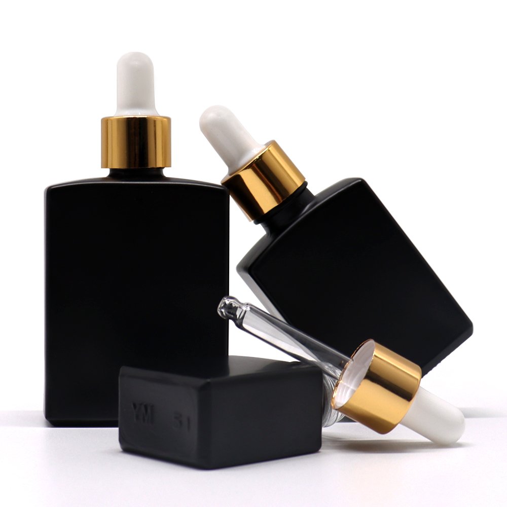 Custom 15ml 30ml 1OZ 50ml 100ml Flat Square Shape Black Essential Oil Dropper Glass Bottle With Magnetic Box