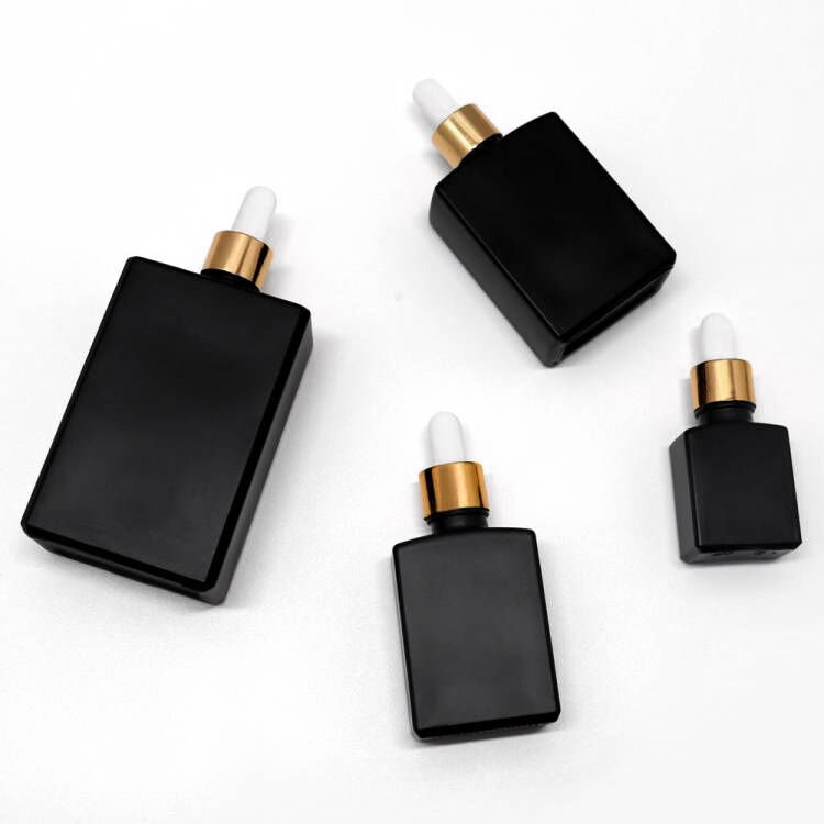 Custom 15ml 30ml 1OZ 50ml 100ml Flat Square Shape Black Essential Oil Dropper Glass Bottle With Magnetic Box