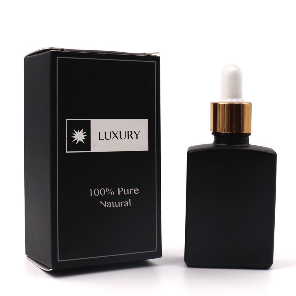 Custom 15ml 30ml 1OZ 50ml 100ml Flat Square Shape Black Essential Oil Dropper Glass Bottle With Magnetic Box