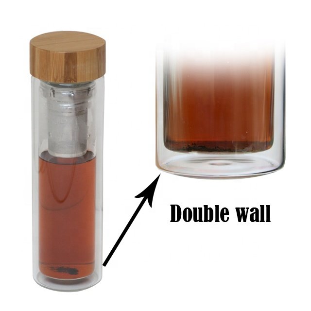 Hot Selling Double Wall Fruit Tea Infuser Glass Water Bottle Bamboo Lid Gym CLASSIC Drinking Cup