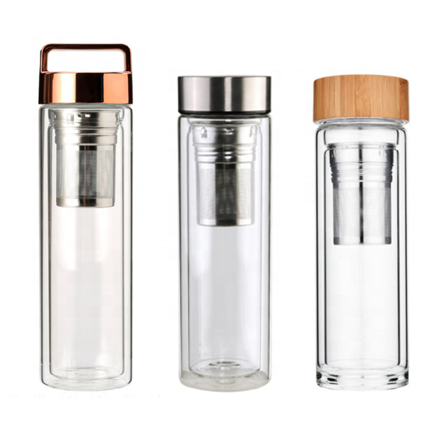 Hot Selling Double Wall Fruit Tea Infuser Glass Water Bottle Bamboo Lid Gym CLASSIC Drinking Cup