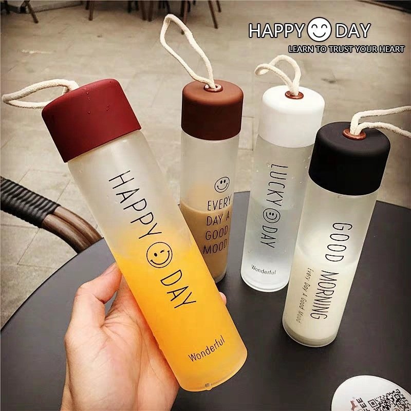 350ml Smile Face Printing Customized Logo Outdoor Portable Eco Friendly Frosted Drinking Cup Glass Water Bottle