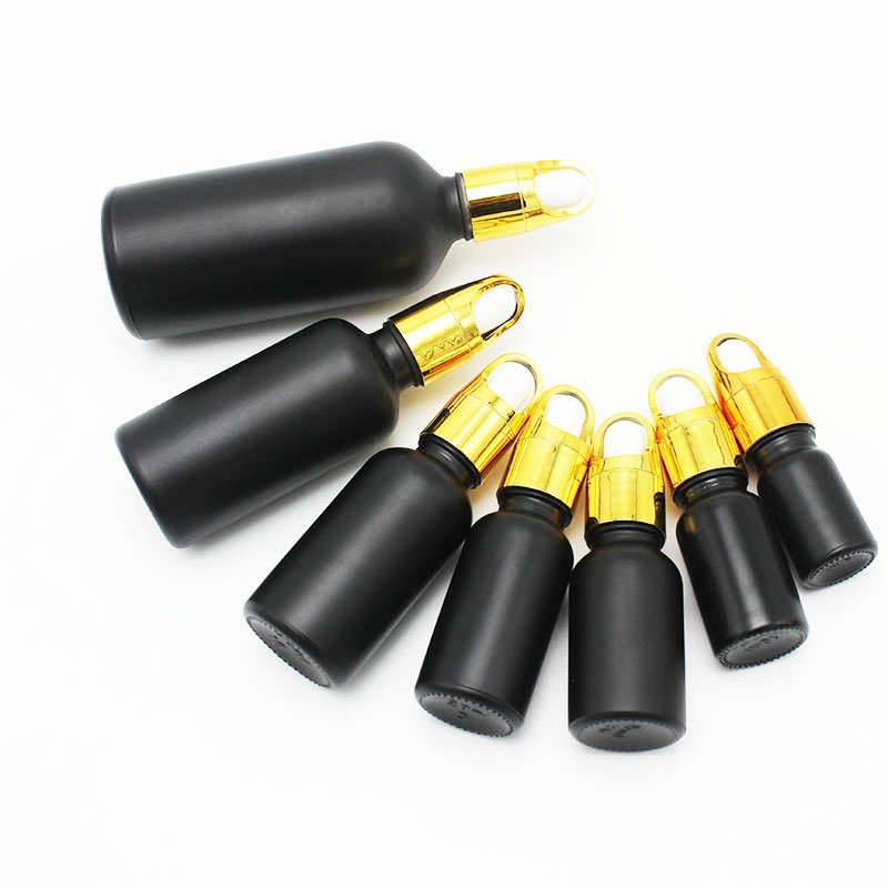5ml 10ml 15ml 20ml 30ml 50ml 100ml black essential oil glass bottle,cover aluminum flower basket cap with glass dropper pipette
