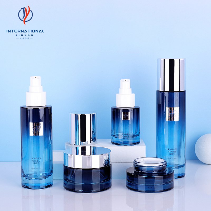 30g 50g 40ml 100ml 120ml Blue Glass Jar Cosmetic Glass Bottle With Plastic Treatment Pump For Foundation Cream Package