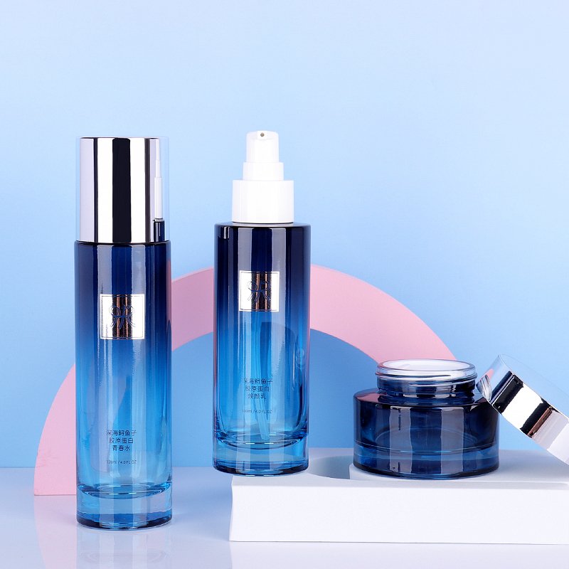30g 50g 40ml 100ml 120ml Blue Glass Jar Cosmetic Glass Bottle With Plastic Treatment Pump For Foundation Cream Package