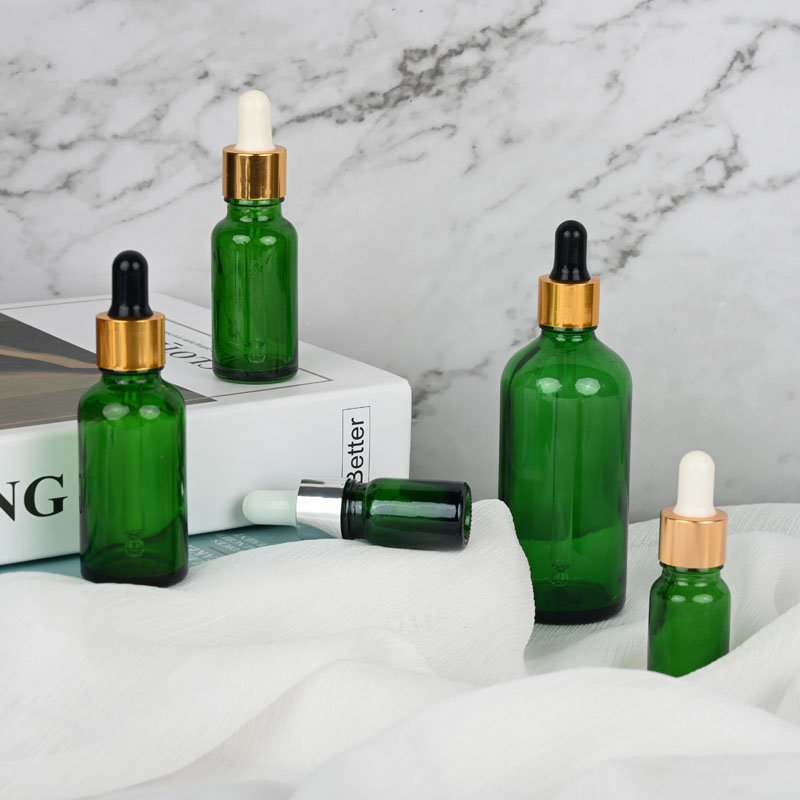 5ml-100ml Green Dropper Glass Bottles Round Shape Essential Oils Glass Bottles For Personal Care