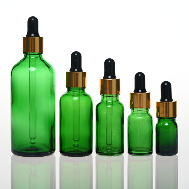 5ml-100ml Green Dropper Glass Bottles Round Shape Essential Oils Glass Bottles For Personal Care
