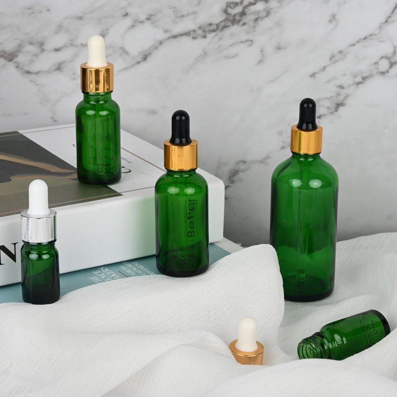 5ml-100ml Green Dropper Glass Bottles Round Shape Essential Oils Glass Bottles For Personal Care