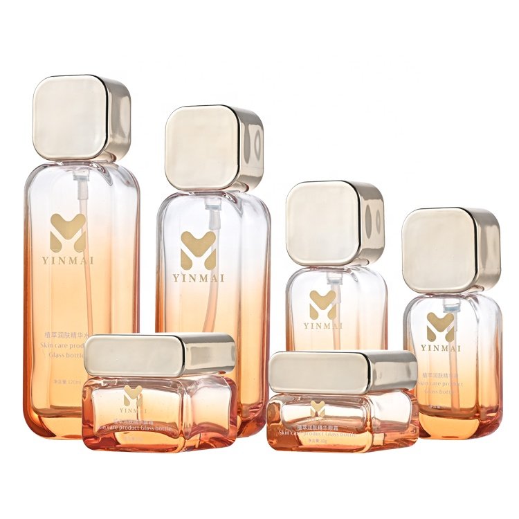 Yinmai 30 50 100 120ml 30G 50G custom empty luxury thick bottom skincare packaging set glass cosmetic pump bottle and cream jar