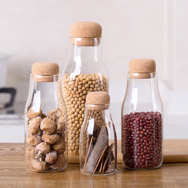 Unique Design Glass Jar Sealed Spice Storage Container Bottle With Cork Lid for Food Juice Milk Coffee Beans Sugar Tea