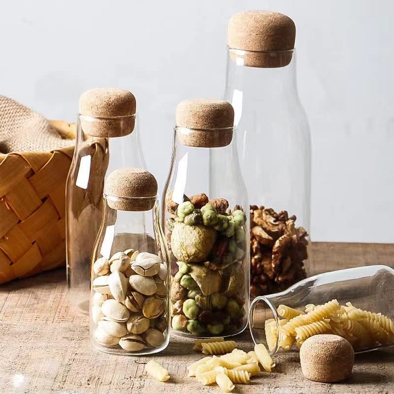 Unique Design Glass Jar Sealed Spice Storage Container Bottle With Cork Lid for Food Juice Milk Coffee Beans Sugar Tea