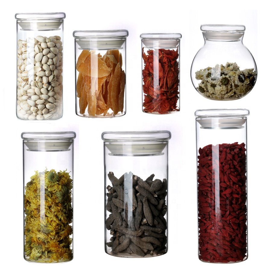 Cylindric glass jars with sealing rings and glass LIDS for kitchen storage