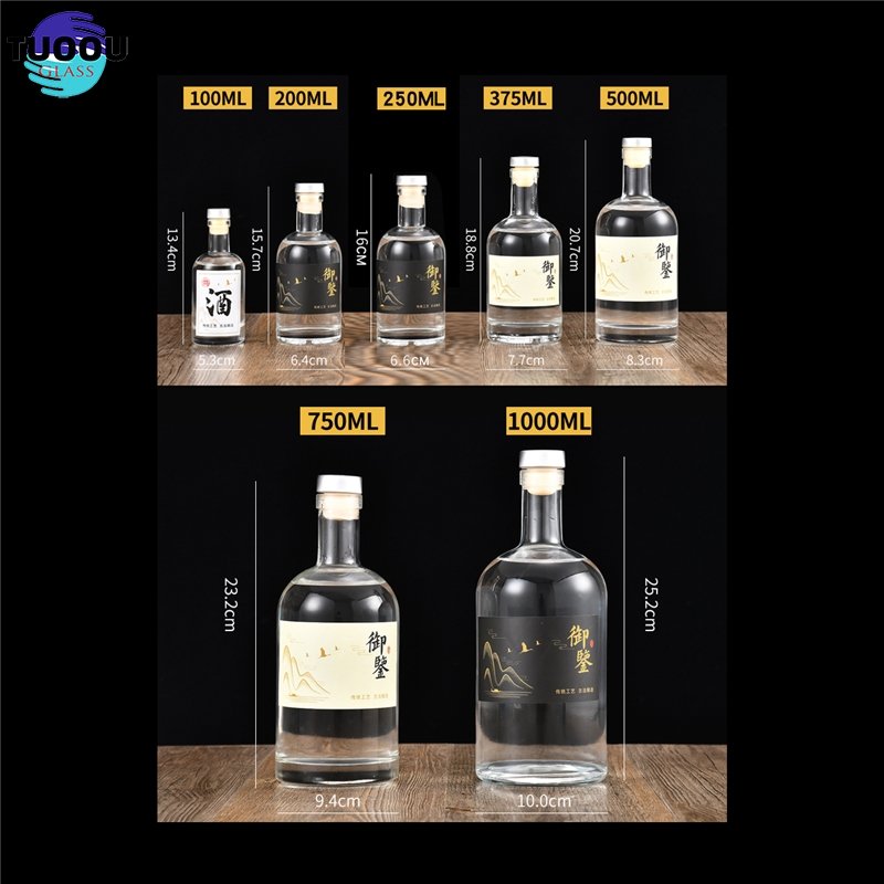 Hot Sell Agave Wine Lead-free 375ml 500ml 750ml 1000ml Custom Round Whisky Vodka Brandy Rum Transparent Glass Bottle
