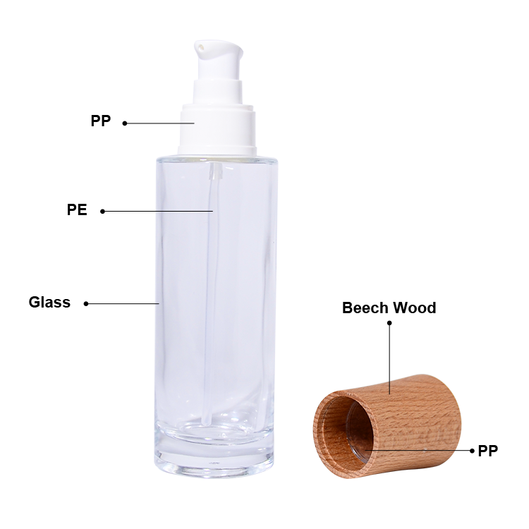 Cosmetic Packaging Containers Empty Frosted Lotion Face Cream Glass Bottle Set With Bamboo Pump Spray Lid
